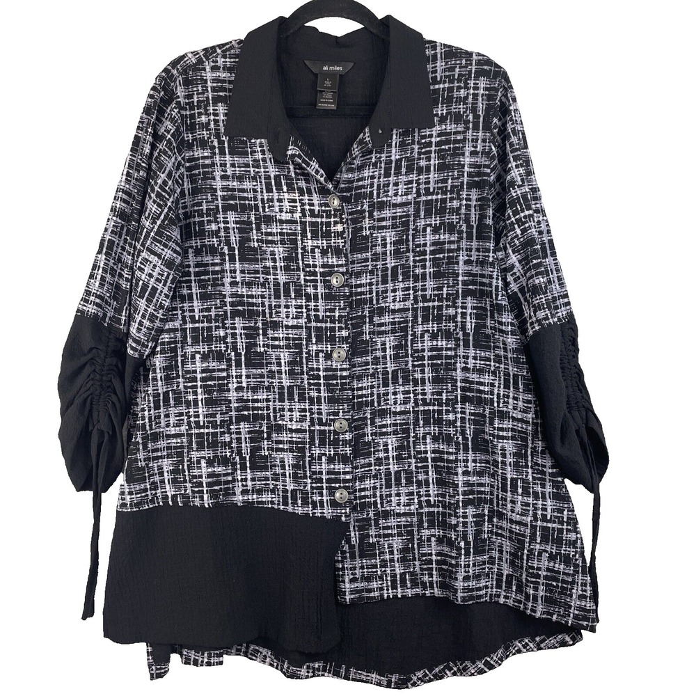 Ali‎ Miles Tunic Top Womens Large Abstract Black Gray Ruched Sleeve Art To Wear